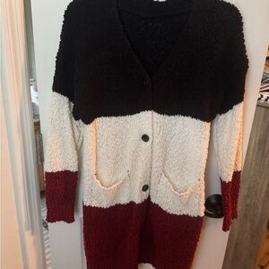 Cozy Colorblock Popcorn Knit Cardigan - Black, Cream & Burgundy